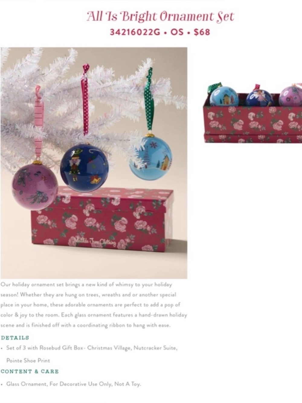 Matilda Jane “All Is Bright” glass ornament set - New In Box